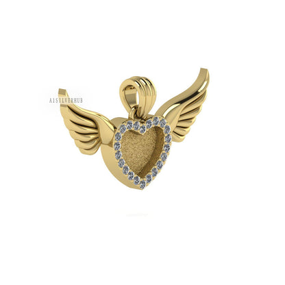 Heart Blank Bezel Zircon Setted Angel Wings Pendant Setting, 925 Sterling Silver, Good for Crush Opal, Resin & Ashes DIY, Keepsake Locket