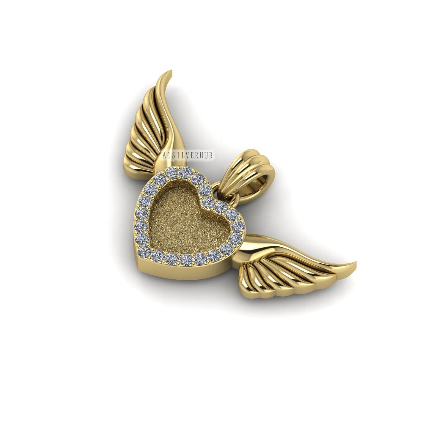 Heart Blank Bezel Zircon Setted Angel Wings Pendant Setting, 925 Sterling Silver, Good for Crush Opal, Resin & Ashes DIY, Keepsake Locket