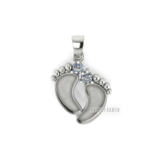 925 Sterling Silver Baby Foot Pendant Blank Bezel with CZ Setted, For Pour Resin, Breastmilk DIY, Keepsake Jewelry, Baby Feet Memorial Gifts