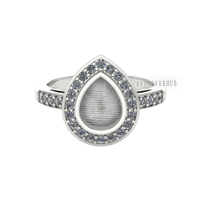 925 Sterling Solid Silver 7x9mm Pear Blank Bezel with CZ Setted Ring, Good for Resin & Ashes Work Breastmilk DIY Crafts, Keepsake Jewellery