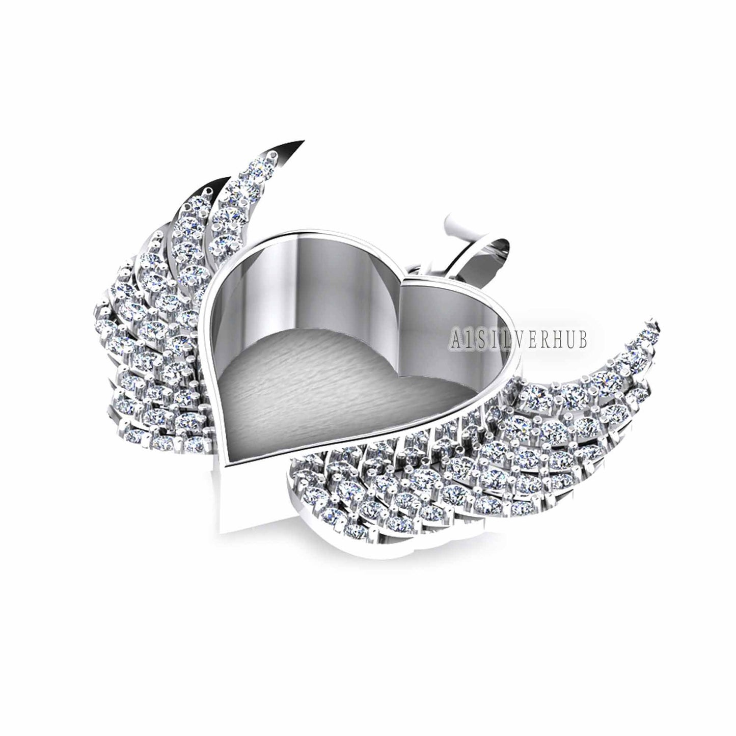 Heart with Angel Wings Zircon Setted Blank Bezel Pendant, 925 Sterling Silver, Good for Crush Opal, Resin & Ashes DIY Work, Keepsake Locket