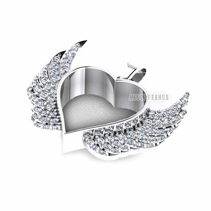 Heart with Angel Wings Zircon Setted Blank Bezel Pendant, 925 Sterling Silver, Good for Crush Opal, Resin & Ashes DIY Work, Keepsake Locket