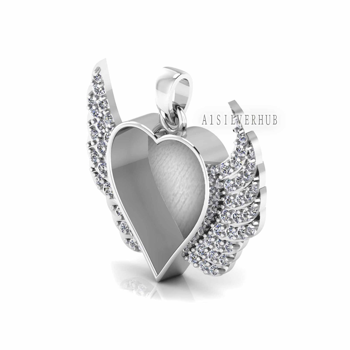 Heart with Angel Wings Zircon Setted Blank Bezel Pendant, 925 Sterling Silver, Good for Crush Opal, Resin & Ashes DIY Work, Keepsake Locket