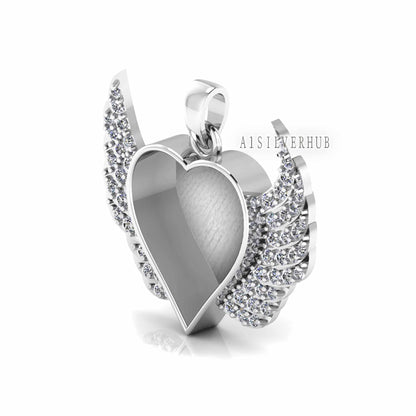 Heart with Angel Wings Zircon Setted Blank Bezel Pendant, 925 Sterling Silver, Good for Crush Opal, Resin & Ashes DIY Work, Keepsake Locket