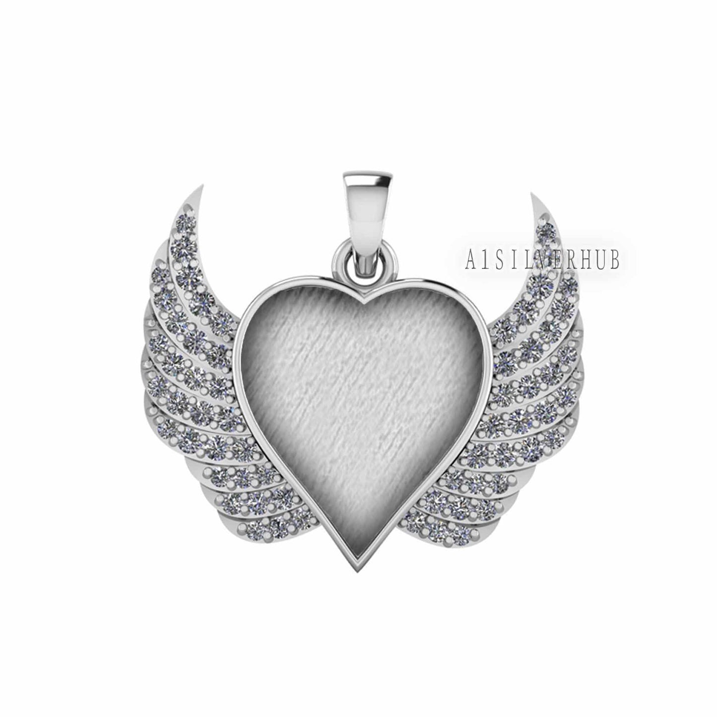 Heart with Angel Wings Zircon Setted Blank Bezel Pendant, 925 Sterling Silver, Good for Crush Opal, Resin & Ashes DIY Work, Keepsake Locket