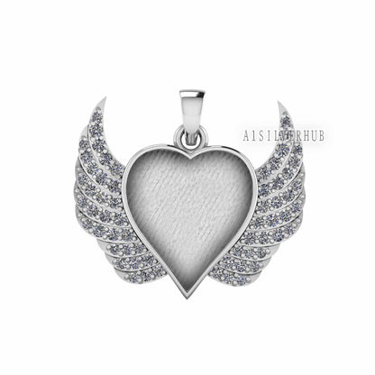 Heart with Angel Wings Zircon Setted Blank Bezel Pendant, 925 Sterling Silver, Good for Crush Opal, Resin & Ashes DIY Work, Keepsake Locket