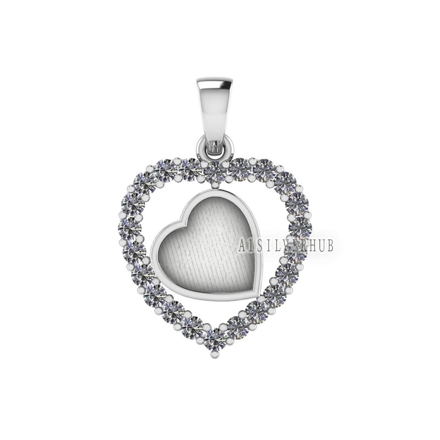 Heart with Zircon Setted 8mm Blank Bezel Pendant, 925 Sterling Silver, Good for Stone, Resin & Ashes Work, Breast Milk DIY, Keepsake Locket