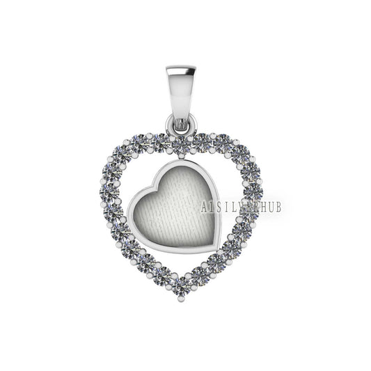 Heart with Zircon Setted 8mm Blank Bezel Pendant, 925 Sterling Silver, Good for Stone, Resin & Ashes Work, Breast Milk DIY, Keepsake Locket