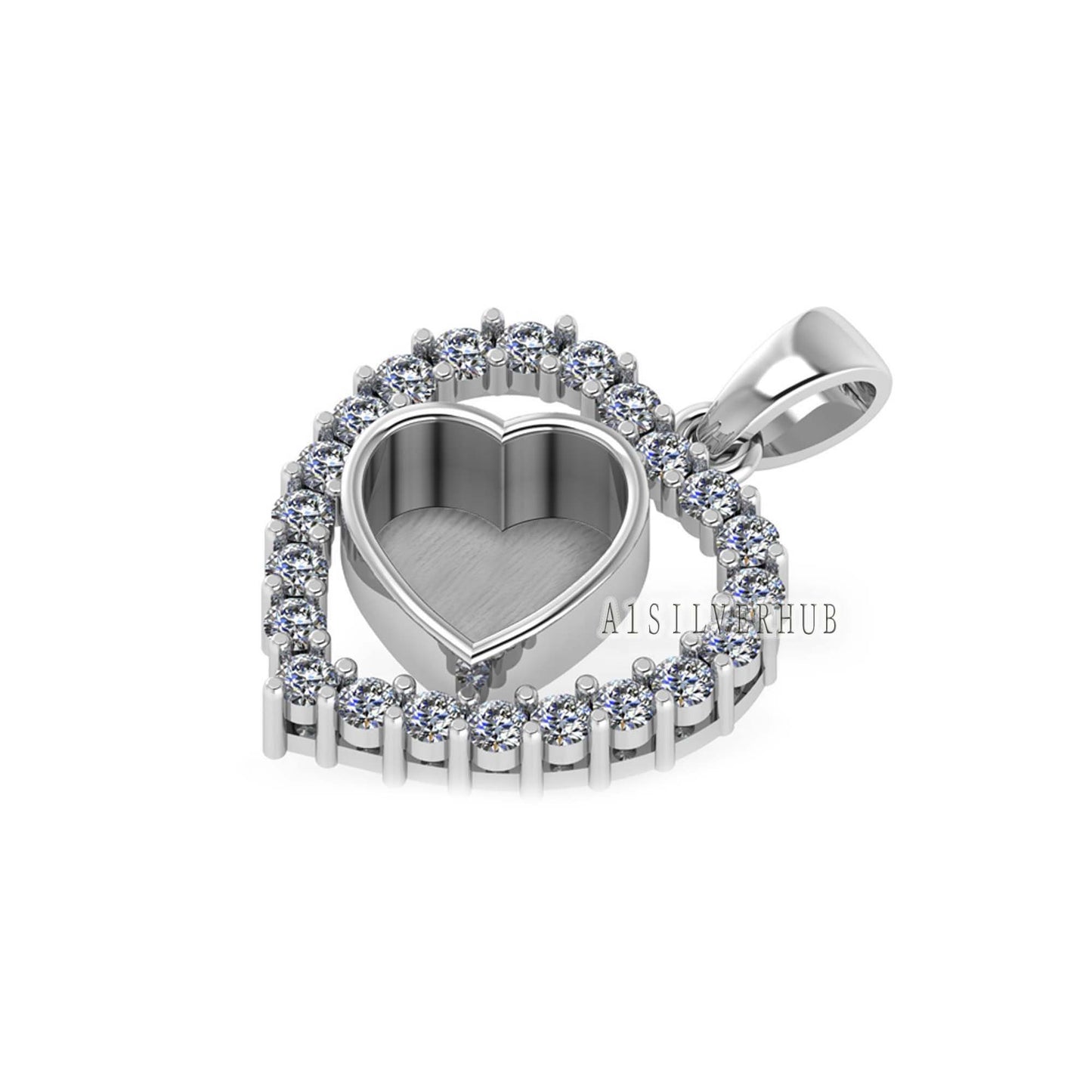 Heart with Zircon Setted 8mm Blank Bezel Pendant, 925 Sterling Silver, Good for Stone, Resin & Ashes Work, Breast Milk DIY, Keepsake Locket