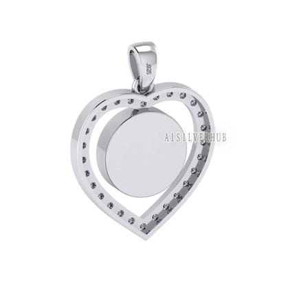 Heart with Zircon Setted 10mm Round Blank Bezel Pendant, 925 Sterling Silver, Good for Stone, Resin & Ashes, Breastmilk DIY, Keepsake Locket