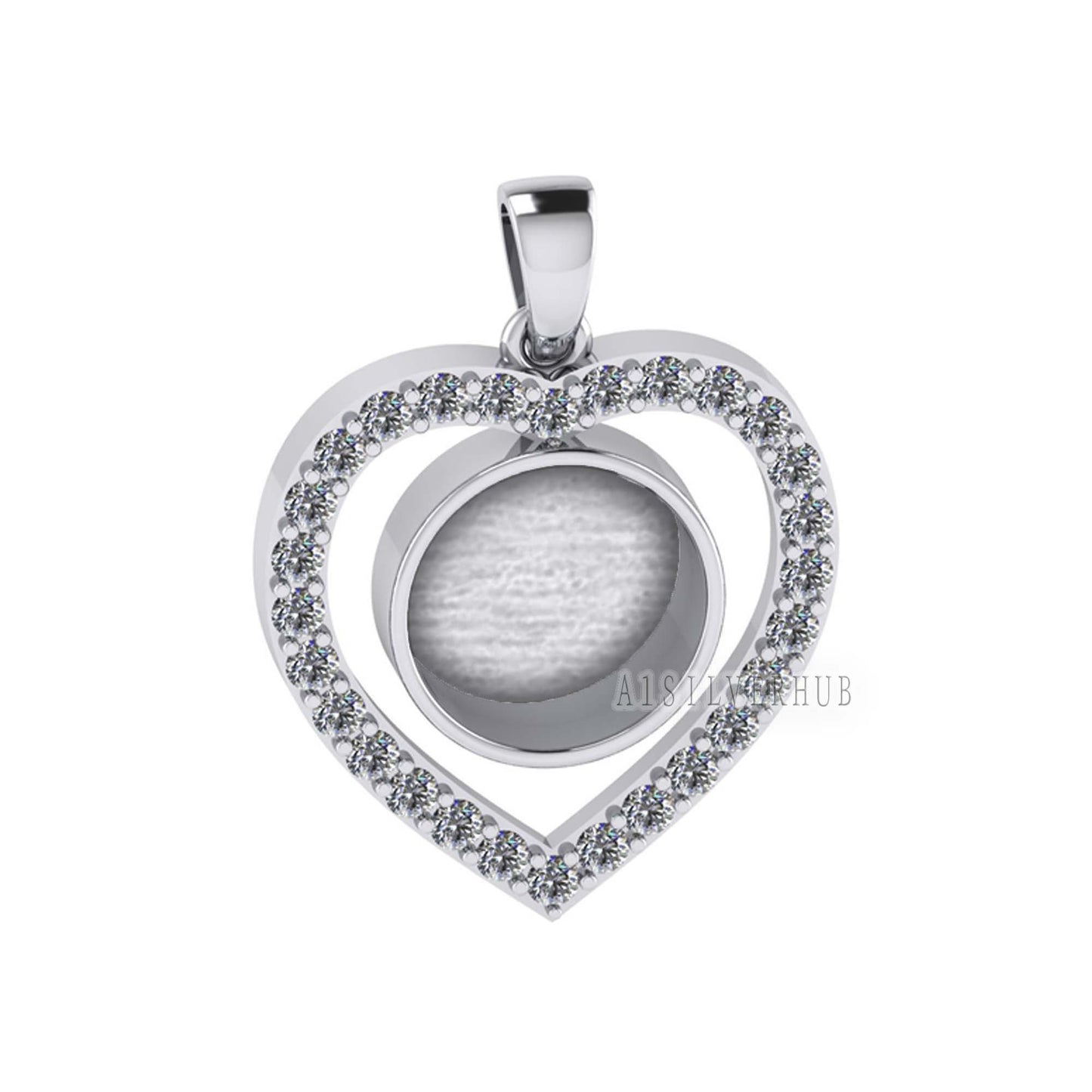 Heart with Zircon Setted 10mm Round Blank Bezel Pendant, 925 Sterling Silver, Good for Stone, Resin & Ashes, Breastmilk DIY, Keepsake Locket