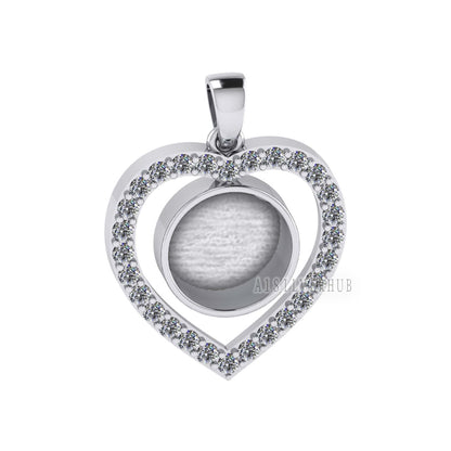 Heart with Zircon Setted 10mm Round Blank Bezel Pendant, 925 Sterling Silver, Good for Stone, Resin & Ashes, Breastmilk DIY, Keepsake Locket