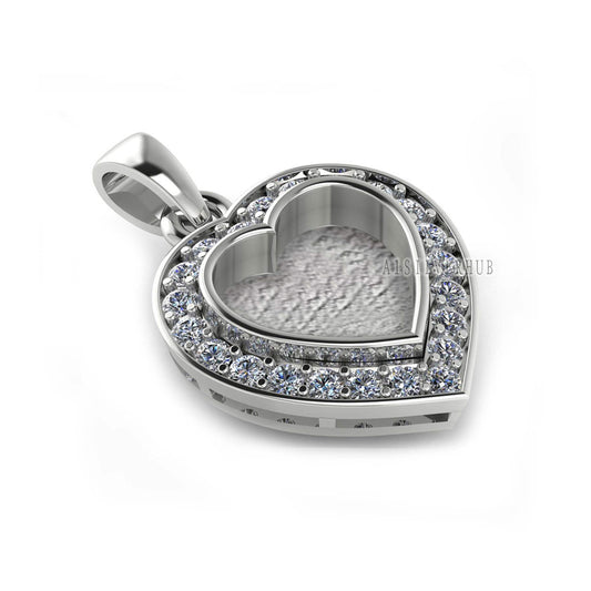 Heart Shape Blank Bezel Pendant with Zircon Setted, 925 Sterling Silver Pendant, Good for Resin & Ashes Work, Memorial Jewellery Crafts