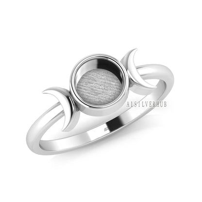 925 Sterling Solid Silver Half Moon with 6mm Round Shape Blank Bezel Ring Setting, Good for Resin & Ashes Work,Keepsake Breastmilk DIY Craft