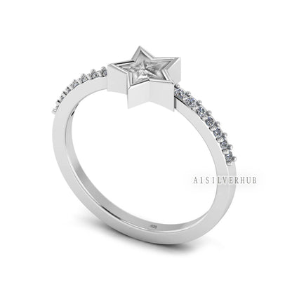 925 Sterling Solid Silver 6mm Star Blank Bezel with CZ Setted Band Ring, Good for Resin & Ashes Work, Keepsake/Breastmilk DIY, Jewelry Craft