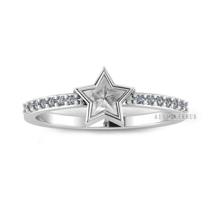 925 Sterling Solid Silver 6mm Star Blank Bezel with CZ Setted Band Ring, Good for Resin & Ashes Work, Keepsake/Breastmilk DIY, Jewelry Craft