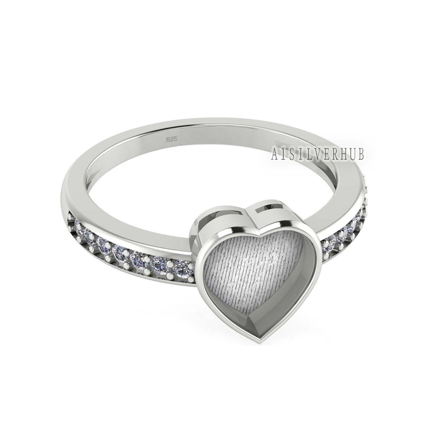 925 Sterling Solid Silver 8mm Heart Blank Bezel with CZ Setted on Band Ring , Good for Resin & Ashes Breastmilk DIY Work, Keepsake Jewellery