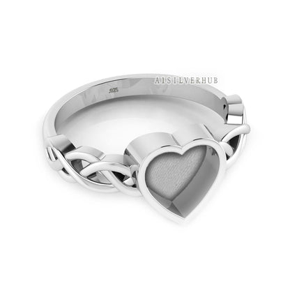 925 Sterling Solid Silver 8x8mm Heart Blank Bezel Braided Band Ring, Good for Resin & Ashes Work, Breastmilk DIY, Keepsake Jewelry Crafts