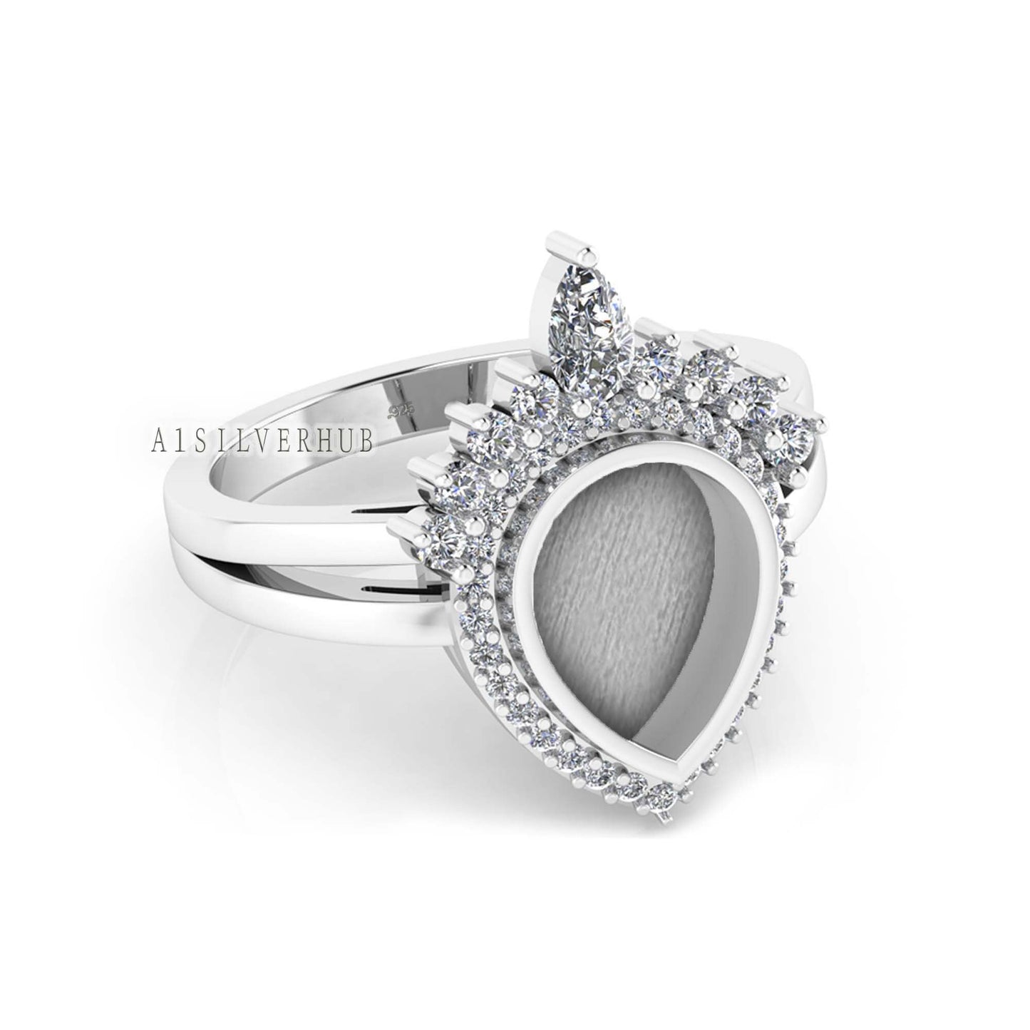 925 Sterling Solid Silver 8x10mm Pear Blank Bezel with CZ Setted Halo Ring, Good for Resin & Ashes Work, Breastmilk/Keepsake, Stackable Ring