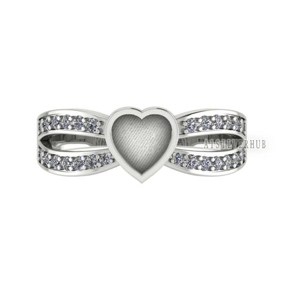 925 Sterling Solid Silver 6mm Heart Blank Bezel with CZ Setted on Band Ring, Good for Resin & Ashes Breastmilk DIY Work, Keepsake Jewellery