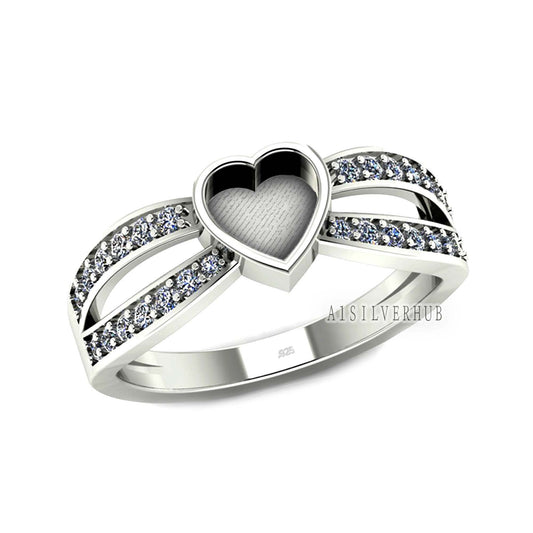 925 Sterling Solid Silver 6mm Heart Blank Bezel with CZ Setted on Band Ring, Good for Resin & Ashes Breastmilk DIY Work, Keepsake Jewellery