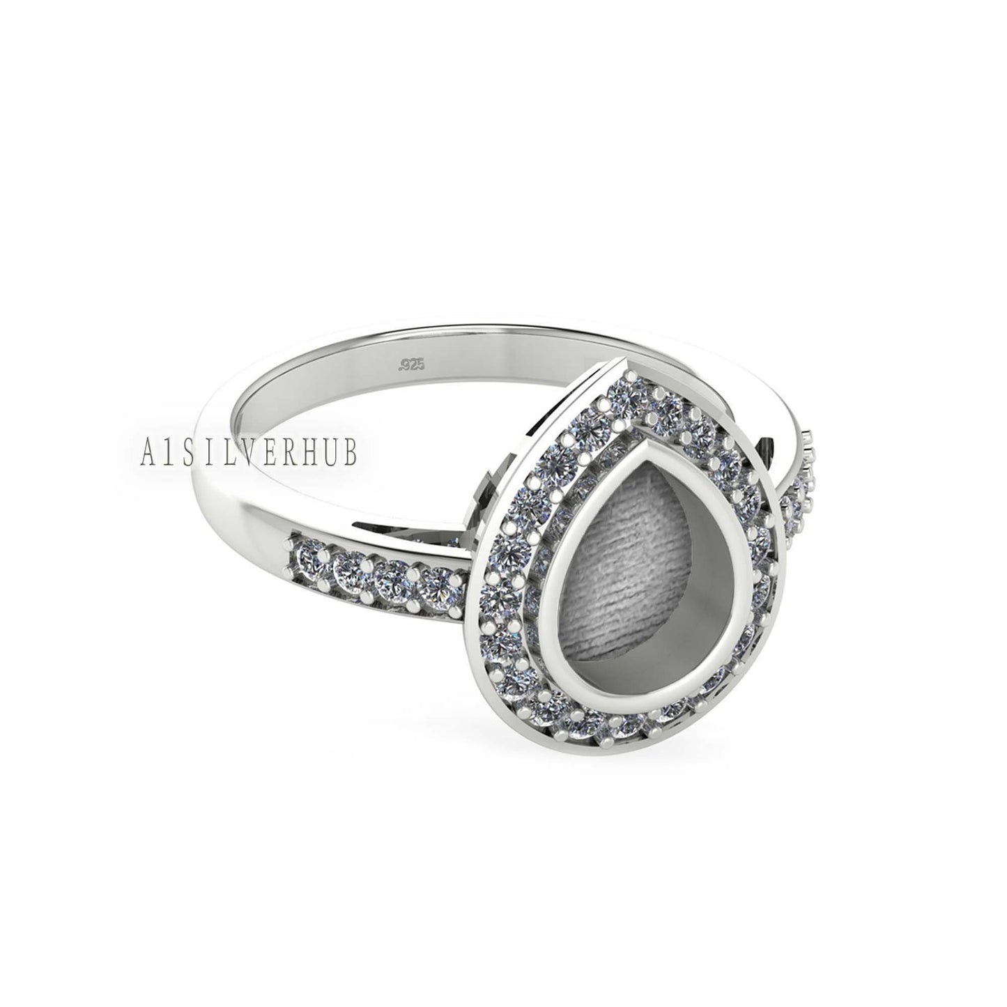 925 Sterling Solid Silver 7x9mm Pear Blank Bezel with CZ Setted Ring, Good for Resin & Ashes Work Breastmilk DIY Crafts, Keepsake Jewellery