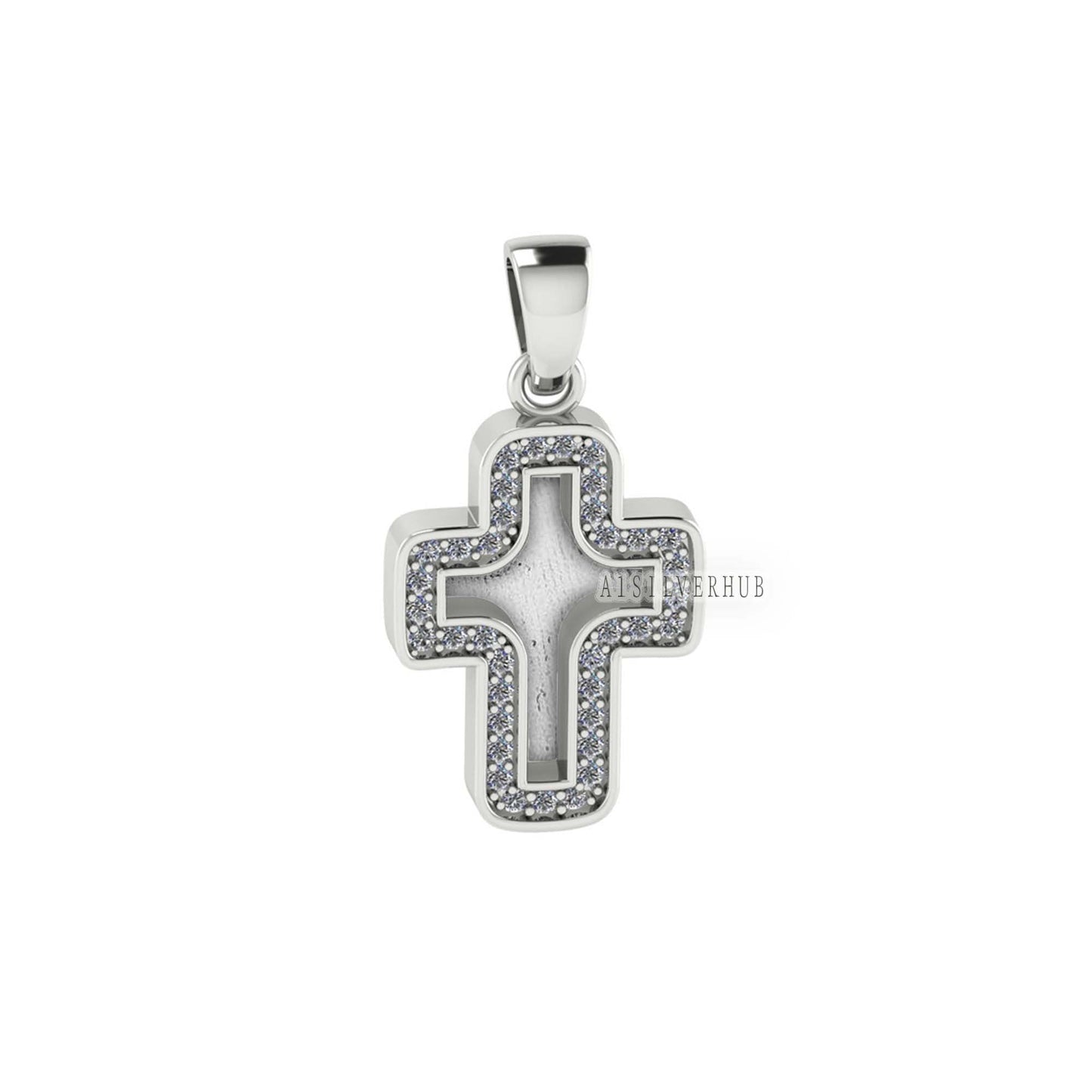 925 Sterling Solid Silver Blank Bezel Cross Pendant with Zircon Setted, Good for Crushed Opal, Resin & Ashes Work, Keepsake Breastmilk DIY