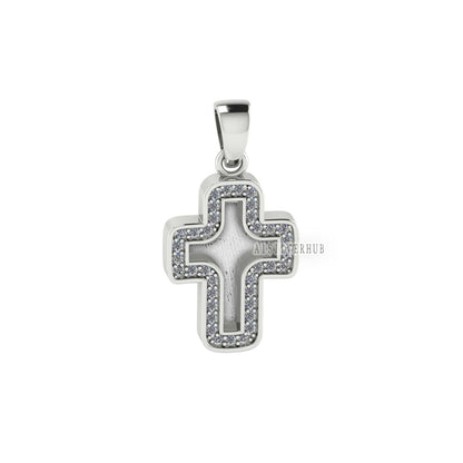 925 Sterling Solid Silver Blank Bezel Cross Pendant with Zircon Setted, Good for Crushed Opal, Resin & Ashes Work, Keepsake Breastmilk DIY
