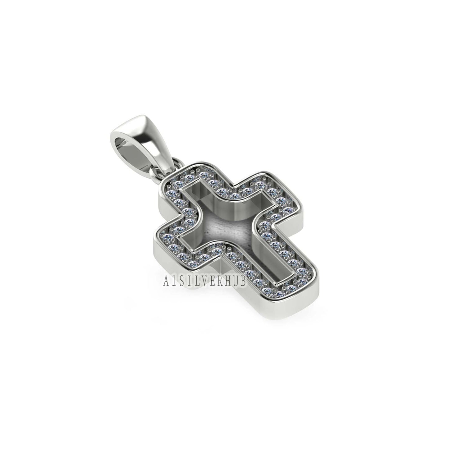 925 Sterling Solid Silver Blank Bezel Cross Pendant with Zircon Setted, Good for Crushed Opal, Resin & Ashes Work, Keepsake Breastmilk DIY
