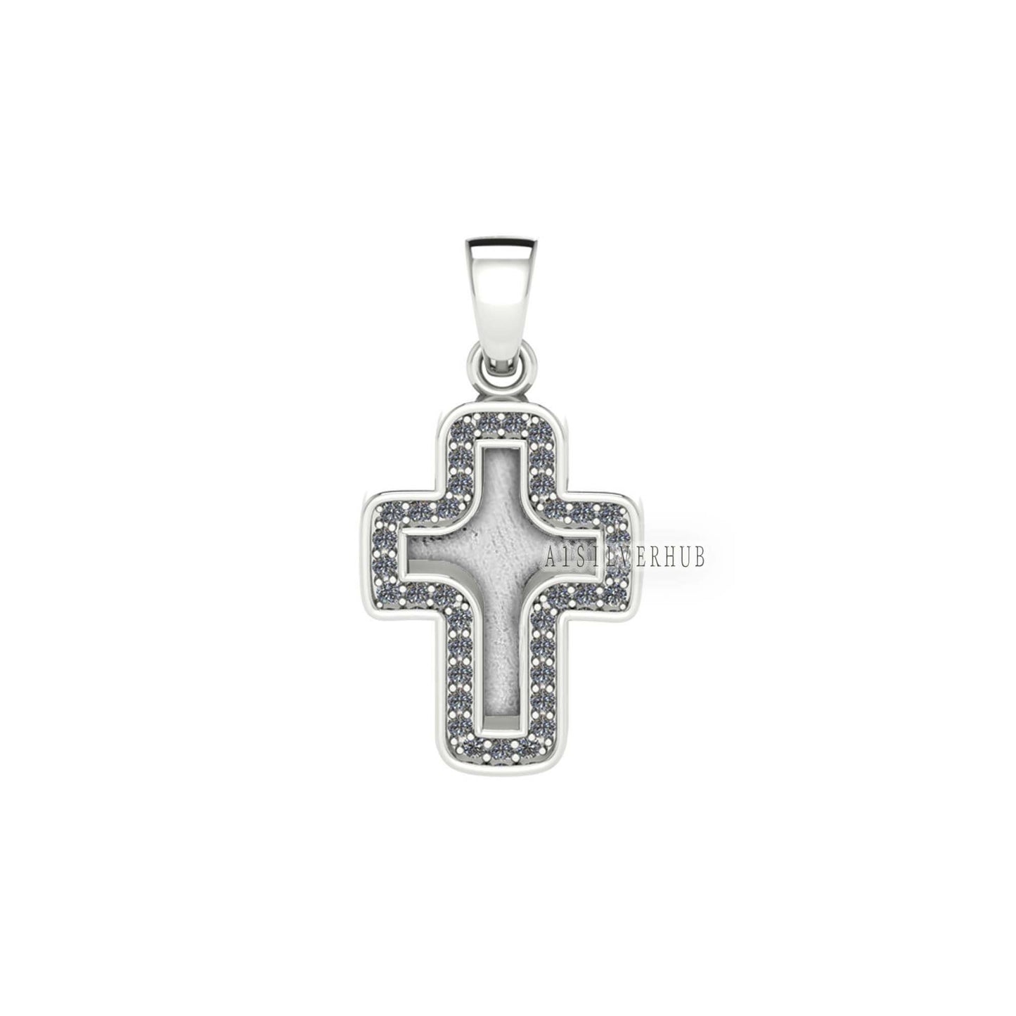 925 Sterling Solid Silver Blank Bezel Cross Pendant with Zircon Setted, Good for Crushed Opal, Resin & Ashes Work, Keepsake Breastmilk DIY