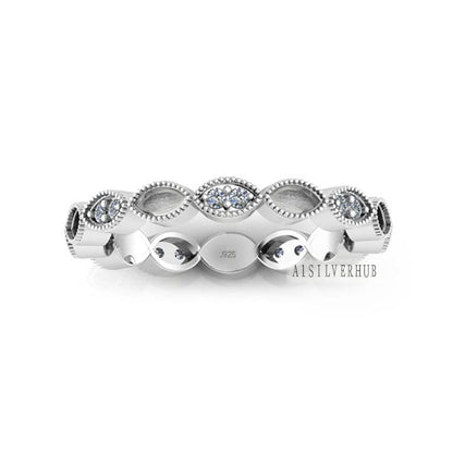 925 Sterling Solid Silver Marquise Blank Bezel with CZ Setted Eternity Band Ring, Good for Resin & Ashes Work, Breastmilk DIY, Memorial Ring