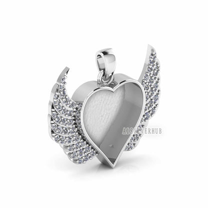 Heart with Angel Wings Zircon Setted Blank Bezel Pendant, 925 Sterling Silver, Good for Crush Opal, Resin & Ashes DIY Work, Keepsake Locket