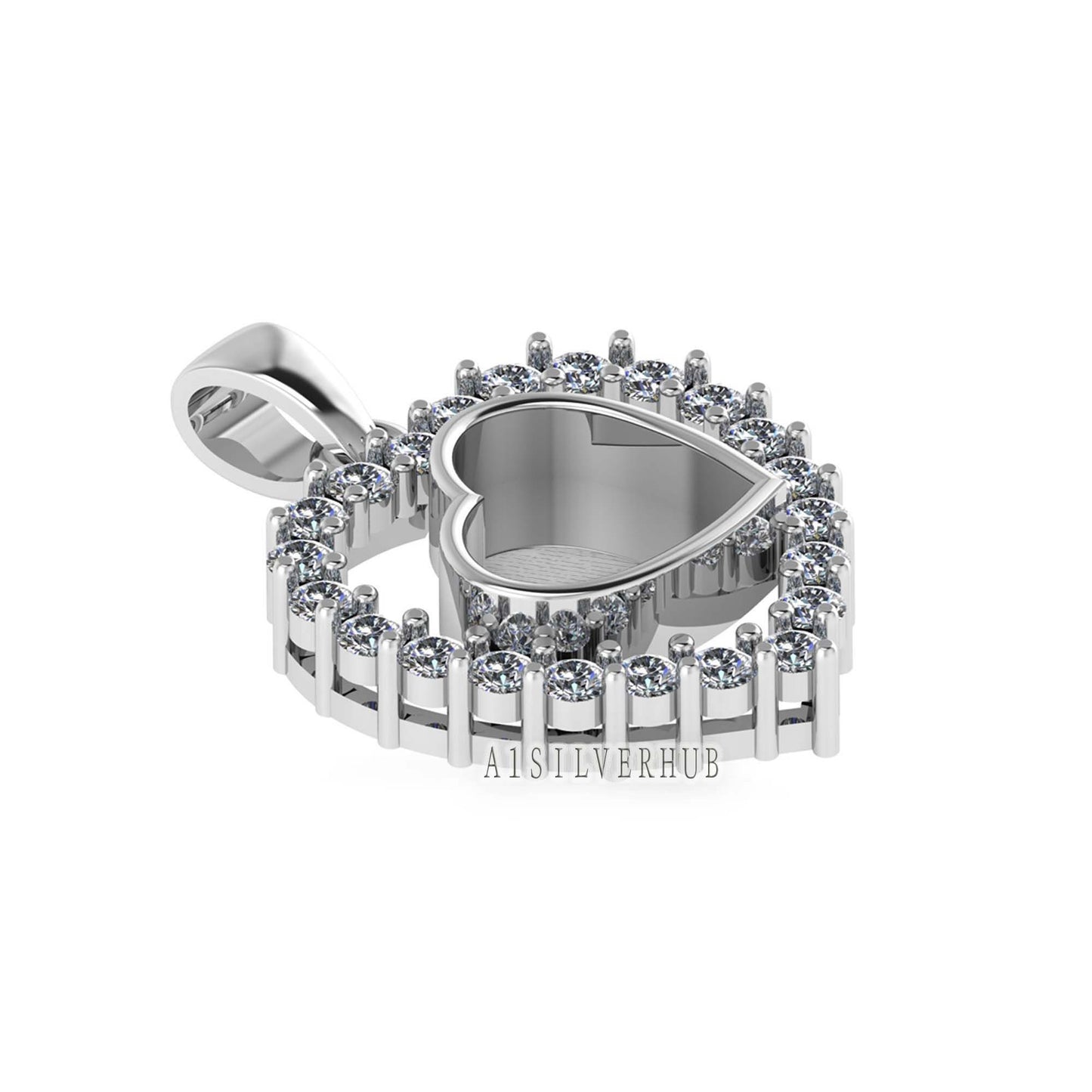 Heart with Zircon Setted 8mm Blank Bezel Pendant, 925 Sterling Silver, Good for Stone, Resin & Ashes Work, Breast Milk DIY, Keepsake Locket