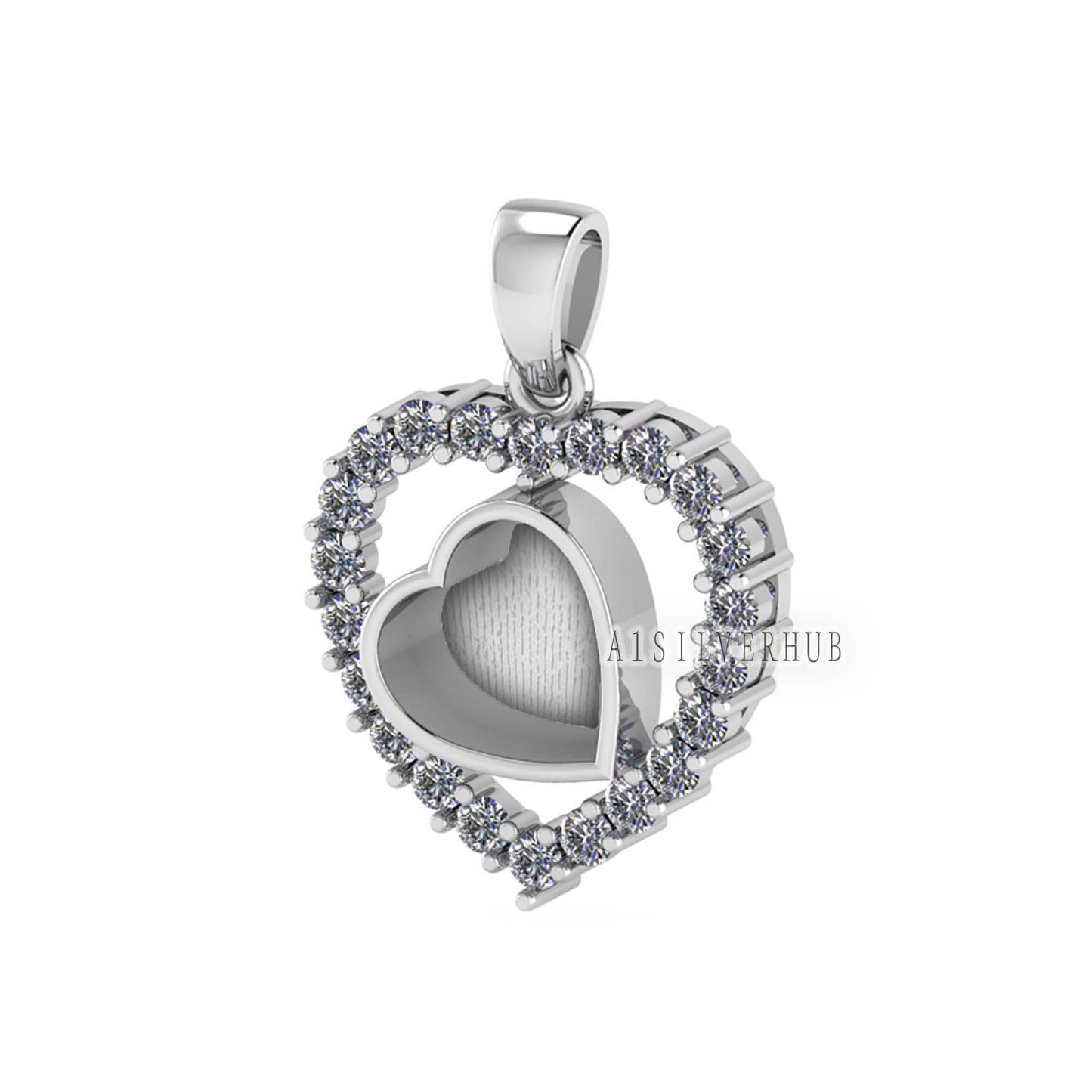 Heart with Zircon Setted 8mm Blank Bezel Pendant, 925 Sterling Silver, Good for Stone, Resin & Ashes Work, Breast Milk DIY, Keepsake Locket
