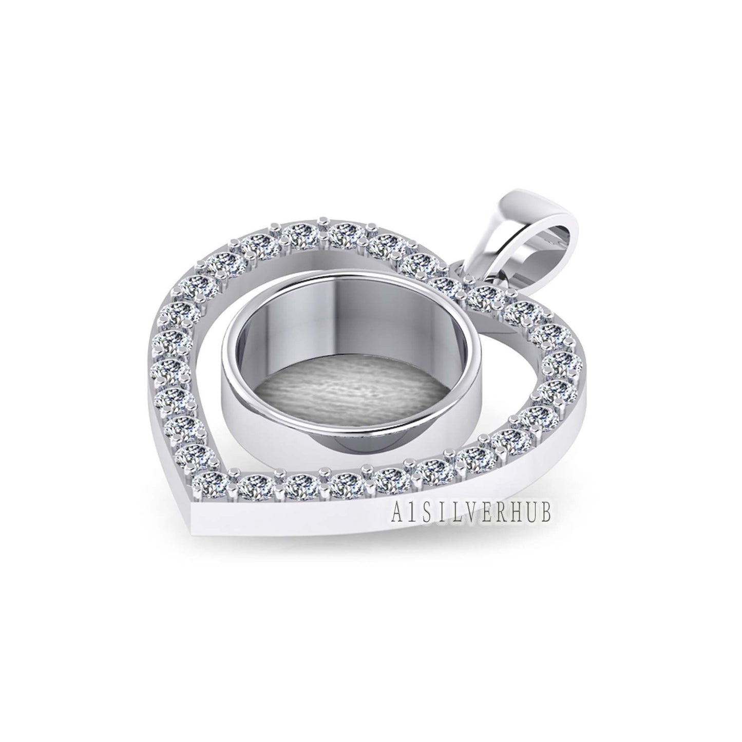 Heart with Zircon Setted 10mm Round Blank Bezel Pendant, 925 Sterling Silver, Good for Stone, Resin & Ashes, Breastmilk DIY, Keepsake Locket