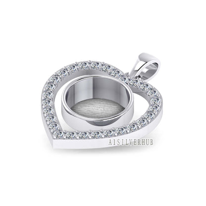 Heart with Zircon Setted 10mm Round Blank Bezel Pendant, 925 Sterling Silver, Good for Stone, Resin & Ashes, Breastmilk DIY, Keepsake Locket