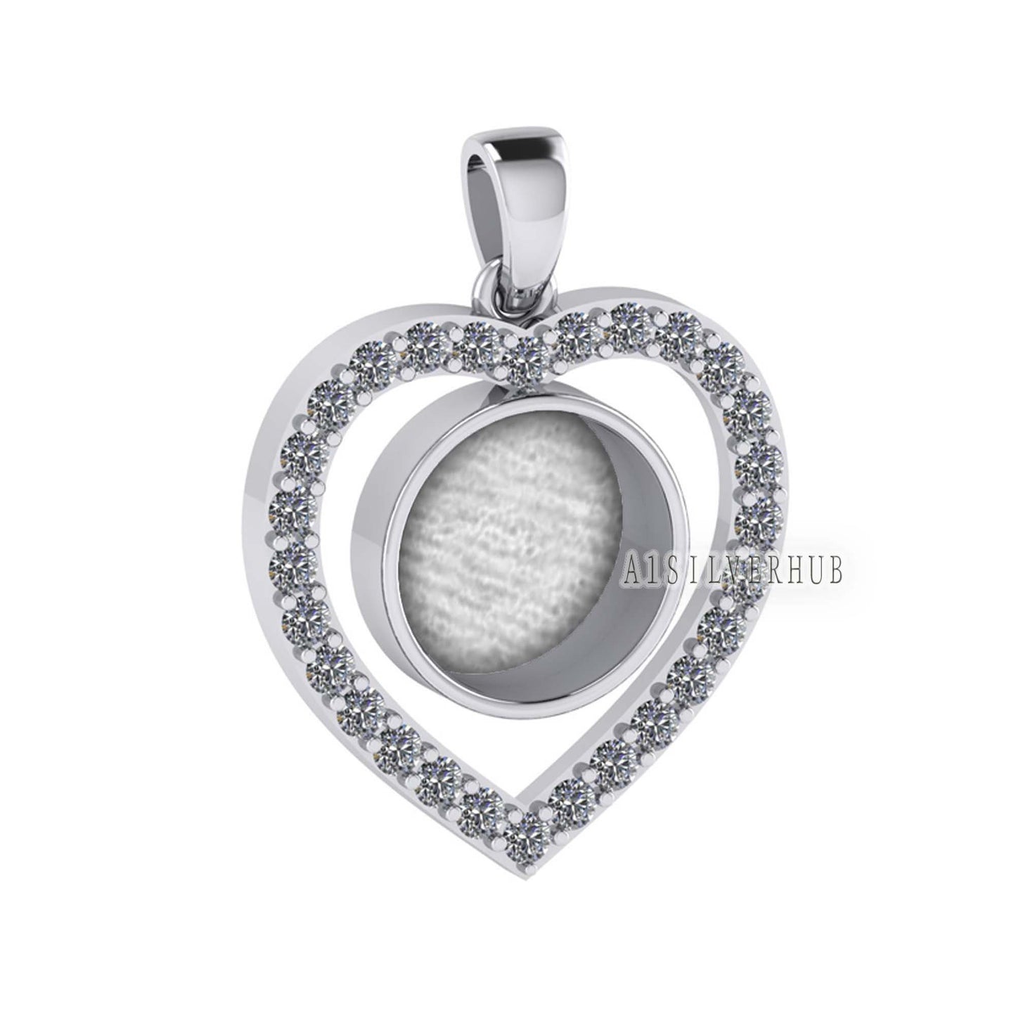 Heart with Zircon Setted 10mm Round Blank Bezel Pendant, 925 Sterling Silver, Good for Stone, Resin & Ashes, Breastmilk DIY, Keepsake Locket