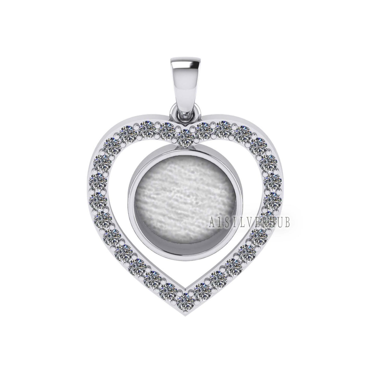 Heart with Zircon Setted 10mm Round Blank Bezel Pendant, 925 Sterling Silver, Good for Stone, Resin & Ashes, Breastmilk DIY, Keepsake Locket