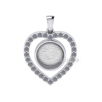 Heart with Zircon Setted 10mm Round Blank Bezel Pendant, 925 Sterling Silver, Good for Stone, Resin & Ashes, Breastmilk DIY, Keepsake Locket
