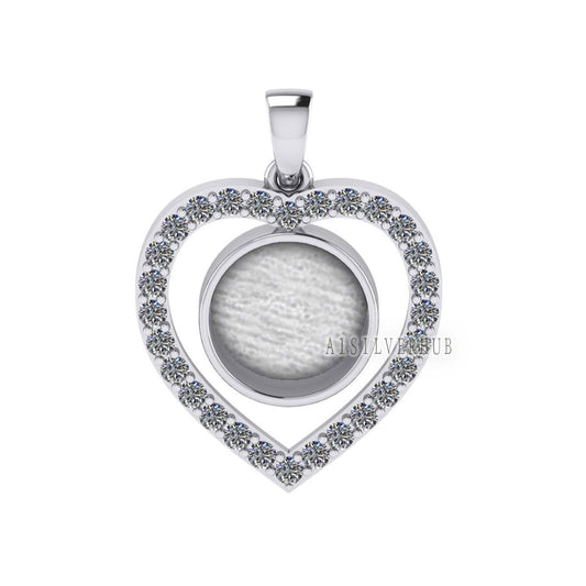 Heart with Zircon Setted 10mm Round Blank Bezel Pendant, 925 Sterling Silver, Good for Stone, Resin & Ashes, Breastmilk DIY, Keepsake Locket