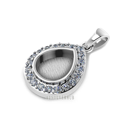 Pear Shape 8x10mm Blank Bezel Pendant Surrounded with CZ, 925 Sterling Silver Pendant, Good for Resin & Ashes Work, Keepsake Jewellery Craft