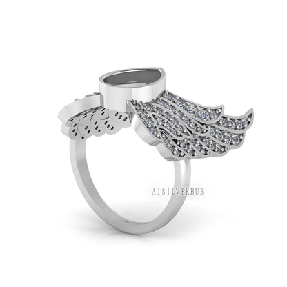 925 Sterling Solid Silver Pear Shape 7x10mm Blank Bezel with Angel Wings Zircon Setted Ring, Good for Stone, Resin & Ashes Work, Breastmilk