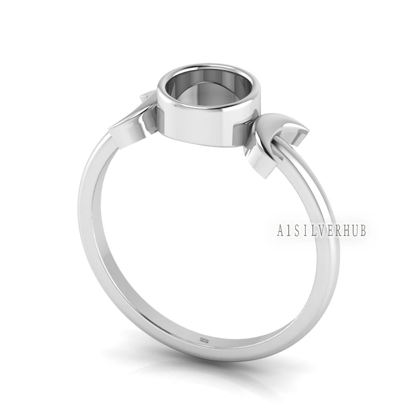 925 Sterling Solid Silver Half Moon with 6mm Round Shape Blank Bezel Ring Setting, Good for Resin & Ashes Work,Keepsake Breastmilk DIY Craft