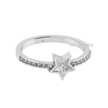 925 Sterling Solid Silver 6mm Star Blank Bezel with CZ Setted Band Ring, Good for Resin & Ashes Work, Keepsake/Breastmilk DIY, Jewelry Craft