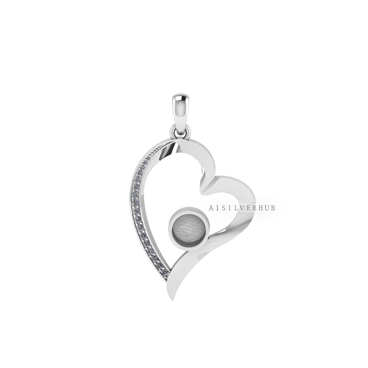 Sweetheart with Zircon Setted 6mm Round Blank Bezel Pendant, 925 Sterling Silver, Good for Stone, Resin & Ashes, Keepsake/Breastmilk Crafts
