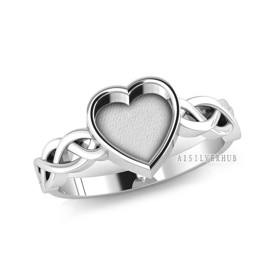 925 Sterling Solid Silver 8x8mm Heart Blank Bezel Braided Band Ring, Good for Resin & Ashes Work, Breastmilk DIY, Keepsake Jewelry Crafts