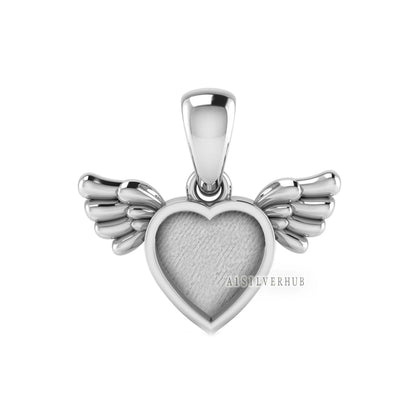 Angel Wings with Heart Shape Blank Bezel Pendant Setting, 925 Sterling Silver, Good for Resin & Ashes Work, Keepsake/Breastmilk DIY, Locket