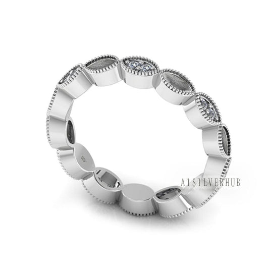 925 Sterling Solid Silver Marquise Blank Bezel with CZ Setted Eternity Band Ring, Good for Resin & Ashes Work, Breastmilk DIY, Memorial Ring