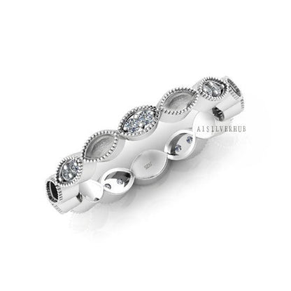 925 Sterling Solid Silver Marquise Blank Bezel with CZ Setted Eternity Band Ring, Good for Resin & Ashes Work, Breastmilk DIY, Memorial Ring