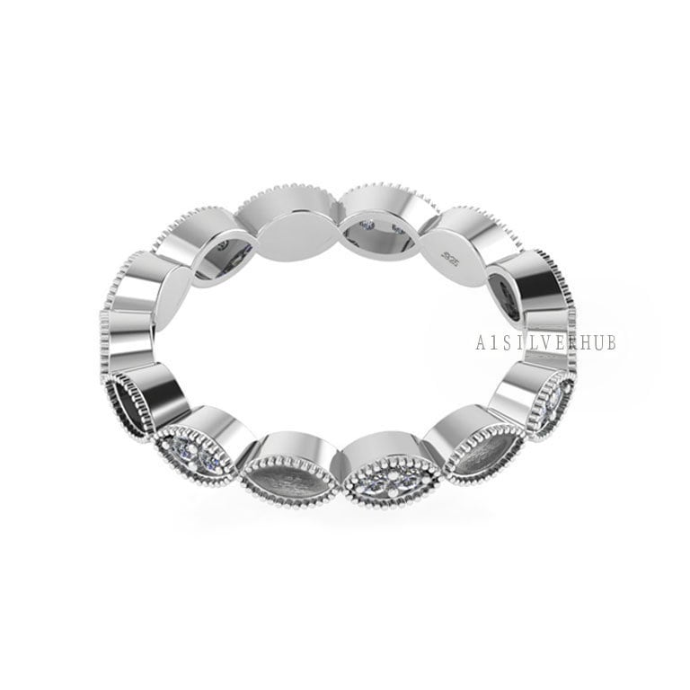 925 Sterling Solid Silver Marquise Blank Bezel with CZ Setted Eternity Band Ring, Good for Resin & Ashes Work, Breastmilk DIY, Memorial Ring